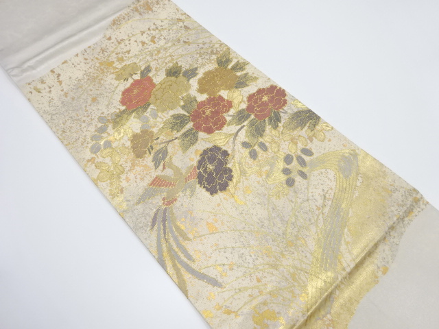 箔置き牡丹に流水・鳳凰模様袋帯